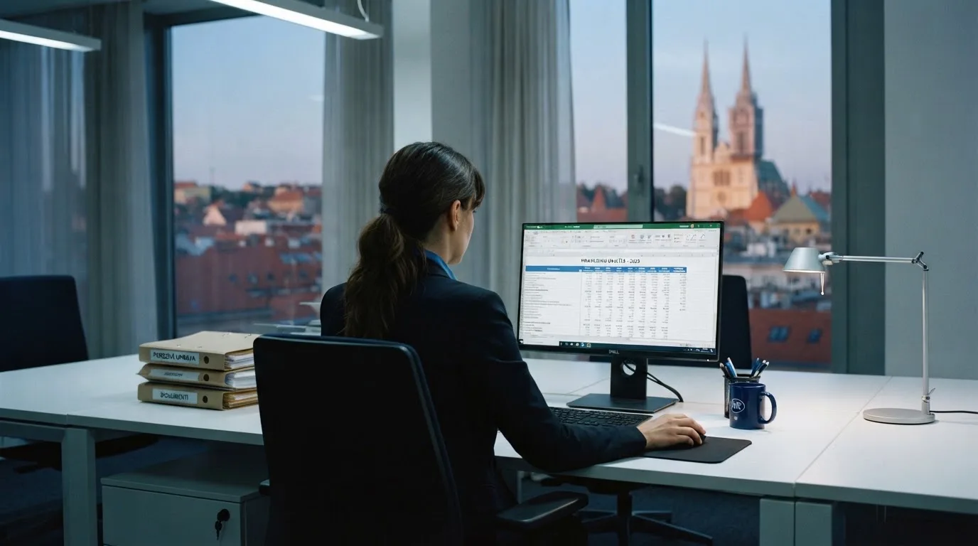 Službenik u uredu porezne uprave za stolom s računalom, prozor s pogledom na grad, urednost i tišina.