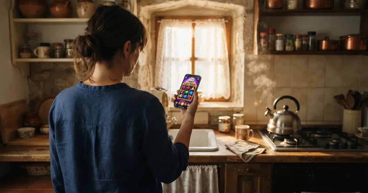 Žena u kuhinji drži pametni telefon dok se kuha čaj, jutarnje svjetlo kroz prozor i zamišljen izraz lica.