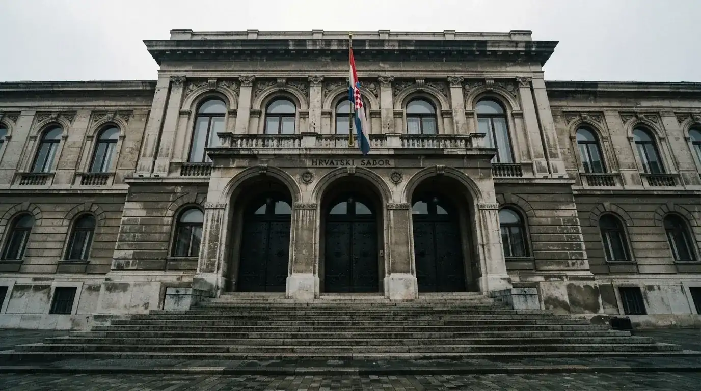 Pročelje zagrebačke ministarske zgrade od sivog kamena s visokim vratima i zastavom, oblačno nebo iznad.