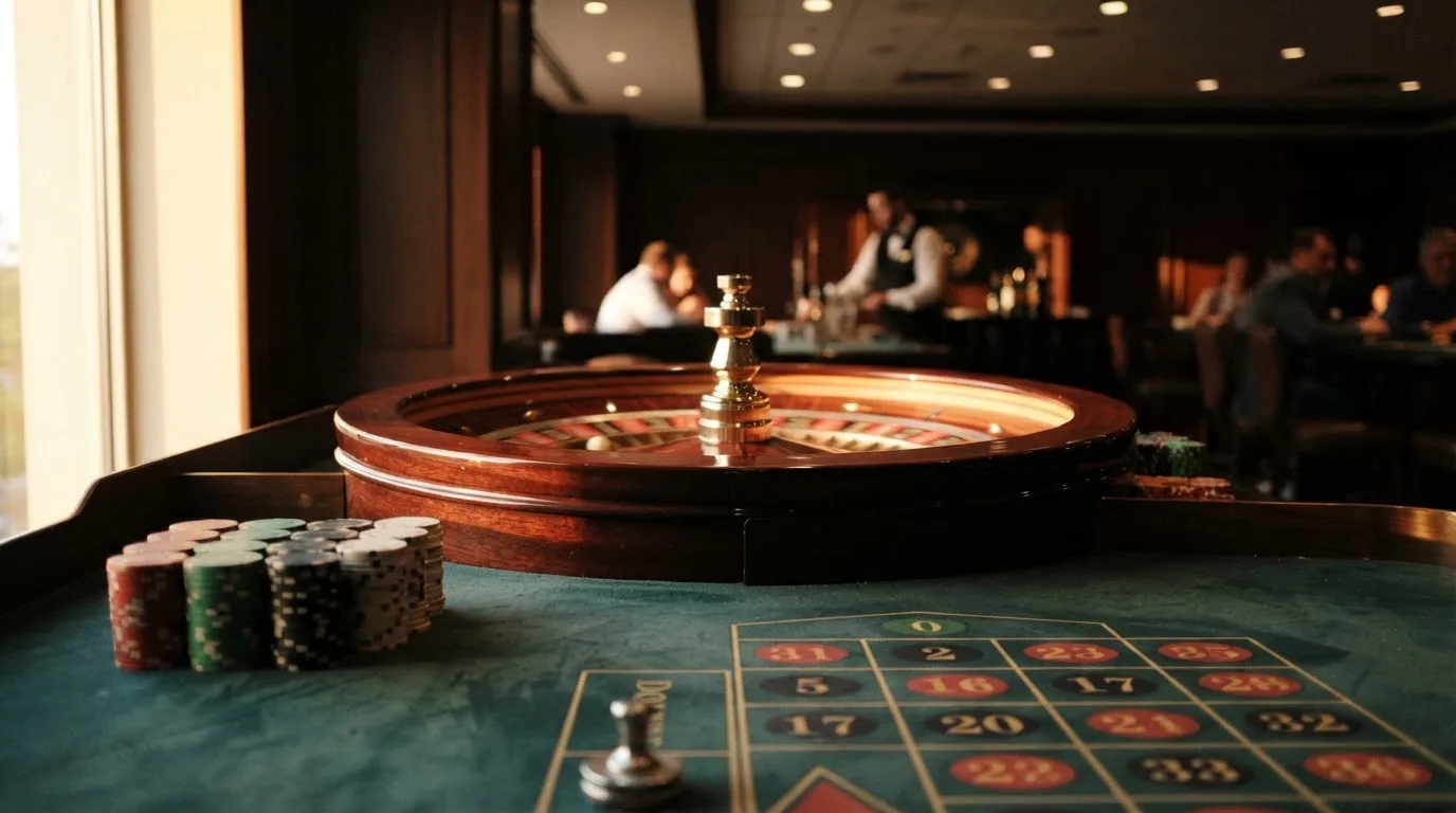 Kotač ruleta i žetoni na zelenom suknu pod toplim večernjim svjetlom — besplatni casina u hrvatskoj
