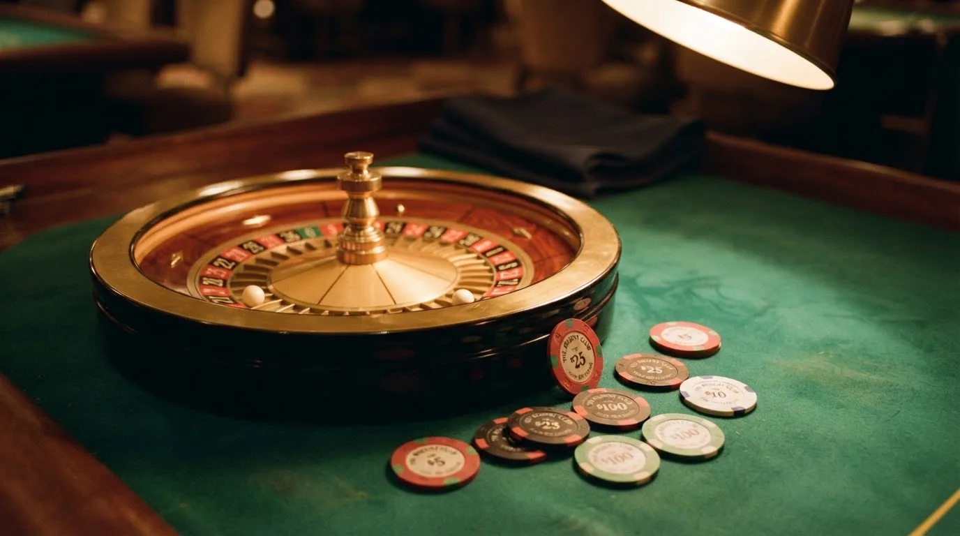 Kotač ruleta i žetoni na zelenom suknu pod toplim večernjim svjetlom — blackjack casina u hrvatskoj