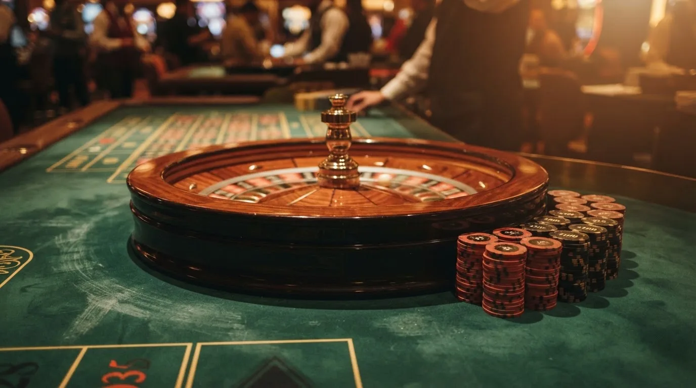 Kotač ruleta i žetoni na zelenom suknu pod toplim večernjim svjetlom — bonusi bez depozita u kasinu