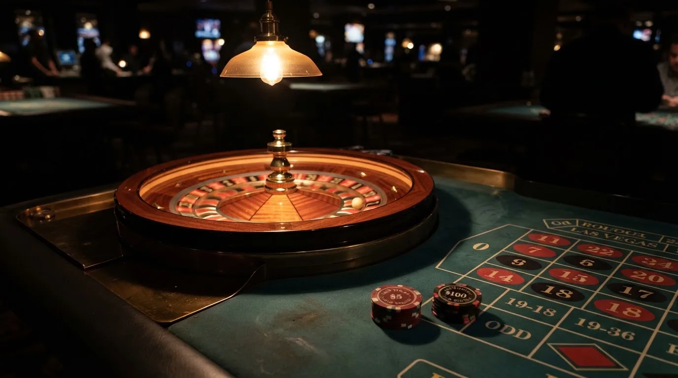 Kotač ruleta i žetoni na zelenom suknu pod toplim večernjim svjetlom — casina za android u hrvatskoj