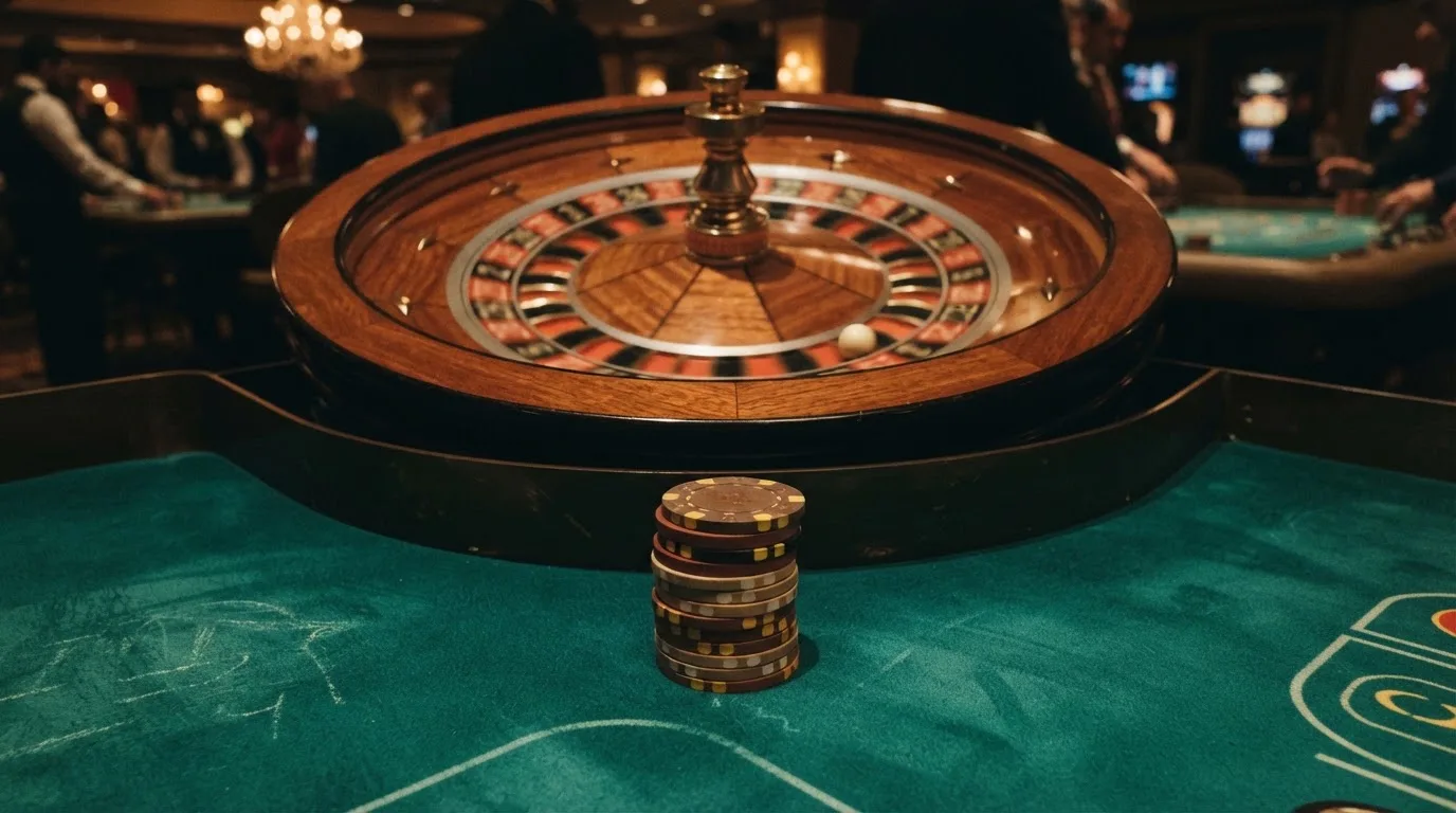 Kotač ruleta i žetoni na zelenom suknu pod toplim večernjim svjetlom — casina za iphone u hrvatskoj