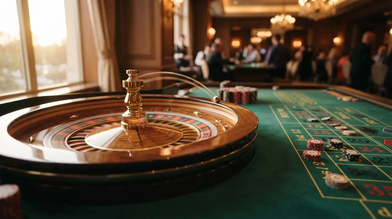 Kotač ruleta i žetoni na zelenom suknu pod toplim večernjim svjetlom — casino aparati u hrvatskoj