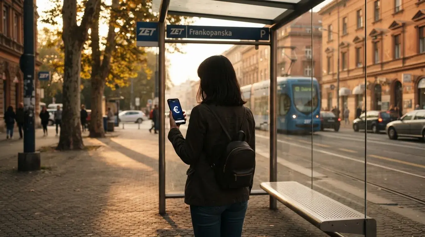 Osoba na autobusnoj stanici u Zagrebu čeka autobus i drži mobitel u ruci, kasno poslijepodne.