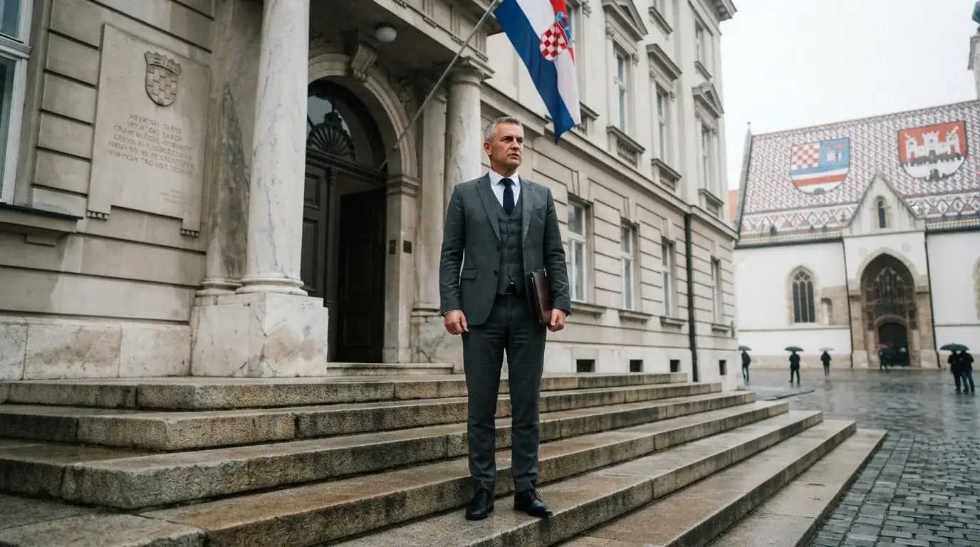 Službenik u sivom odijelu stoji ispred državne zgrade u Zagrebu s mapom pod rukom, oblačan dan.