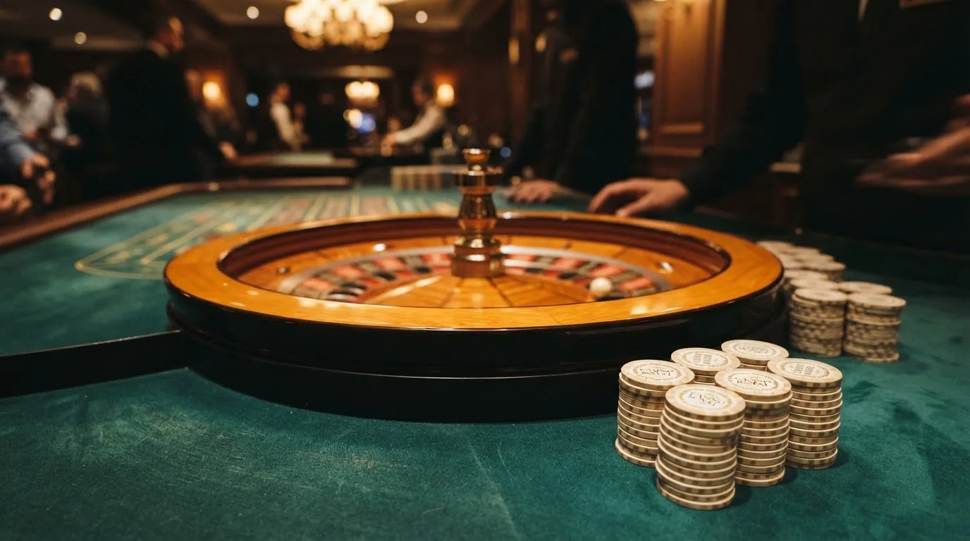 Kotač ruleta i žetoni na zelenom suknu pod toplim večernjim svjetlom — casino bez registracije u hrvatskoj