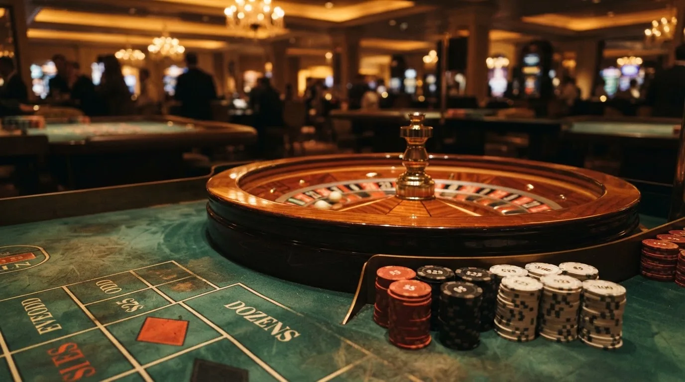 Kotač ruleta i žetoni na zelenom suknu pod toplim večernjim svjetlom — casino igre u hrvatskoj