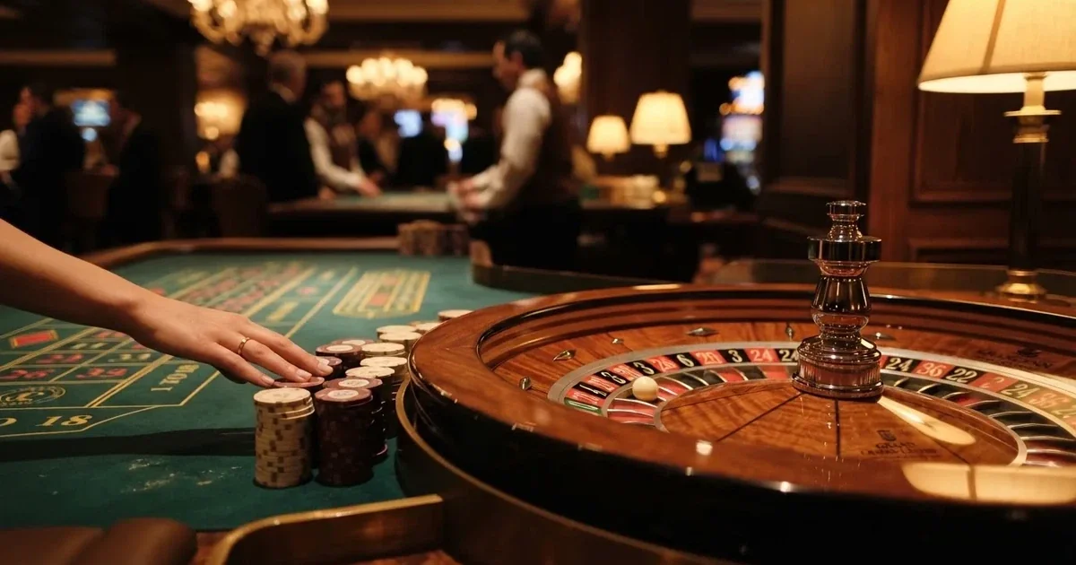Kotač ruleta i žetoni na zelenom suknu pod toplim večernjim svjetlom — casino lutrija u hrvatskoj