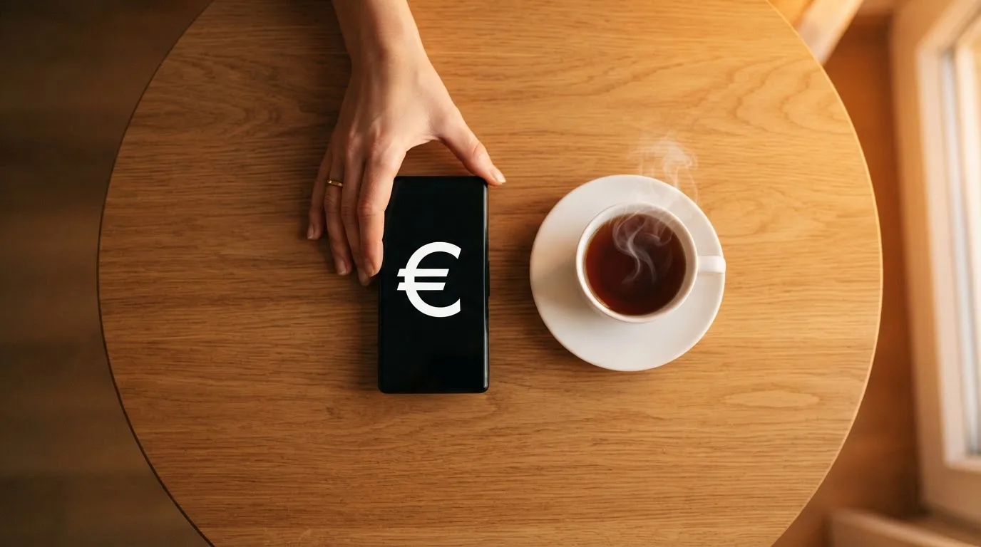 Ruka drži mobitel pokraj šalice čaja na kuhinjskom stolu u mirnu večer — casino lutrija u hrvatskoj