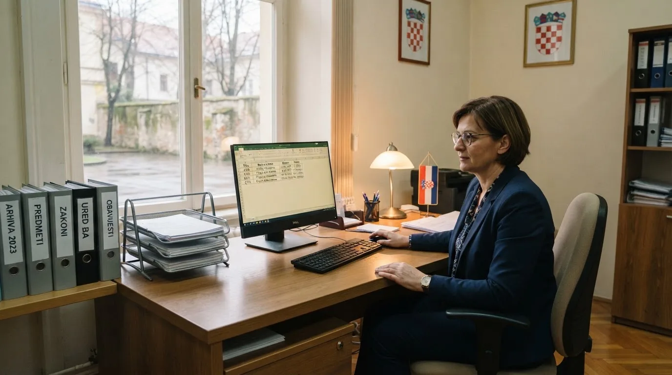 Službenik u uredu za stolom s računalom i stalkom registratora, prozor s pogledom na dvorište, miran radni ambijent.