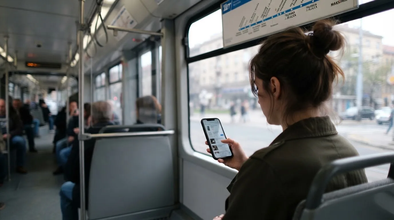 Žena u zagrebačkom tramvaju drži pametni telefon, putnici u pozadini zamućeni, dnevno svjetlo kroz prozore.