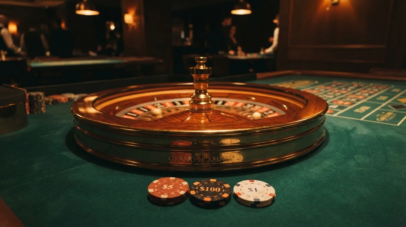 Kotač ruleta i žetoni na zelenom suknu pod toplim večernjim svjetlom — casino s apple pay u hrvatskoj