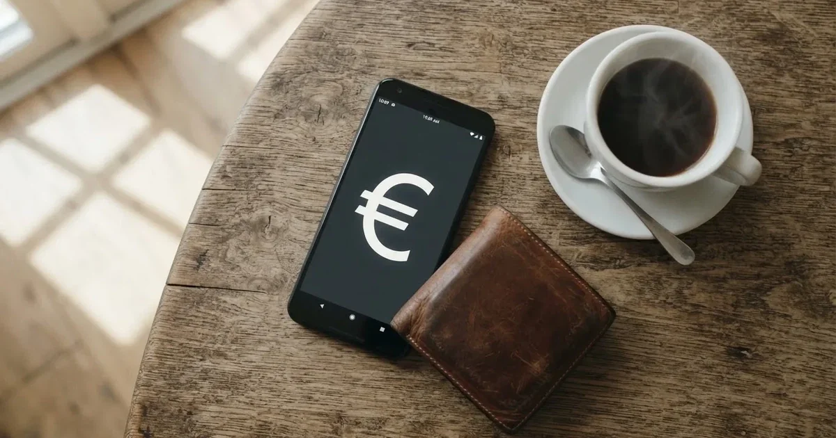 Mobitel na drvenom stolu pokraj novčanika i šalice kave — casino s bankovnim transferima