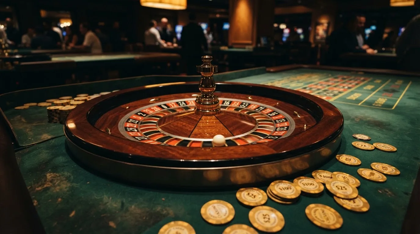 Kotač ruleta i žetoni na zelenom suknu pod toplim večernjim svjetlom — casino s bankovnim transferima