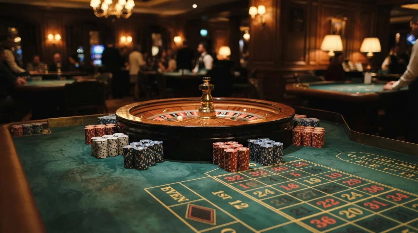 Kotač ruleta i žetoni na zelenom suknu pod toplim večernjim svjetlom — casino stranice u hrvatskoj