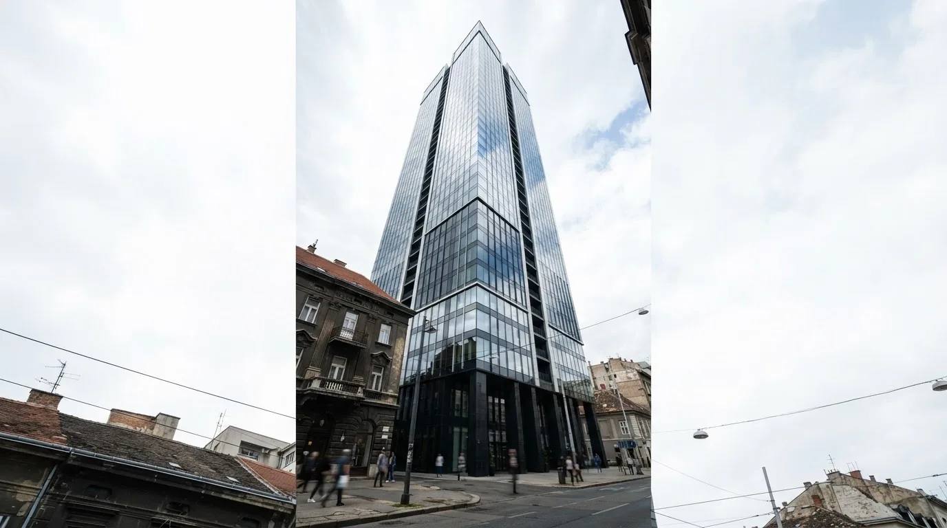 Neboder u središtu Zagreba s odsjajem neba na staklenom pročelju, snimljen s razine ulice.