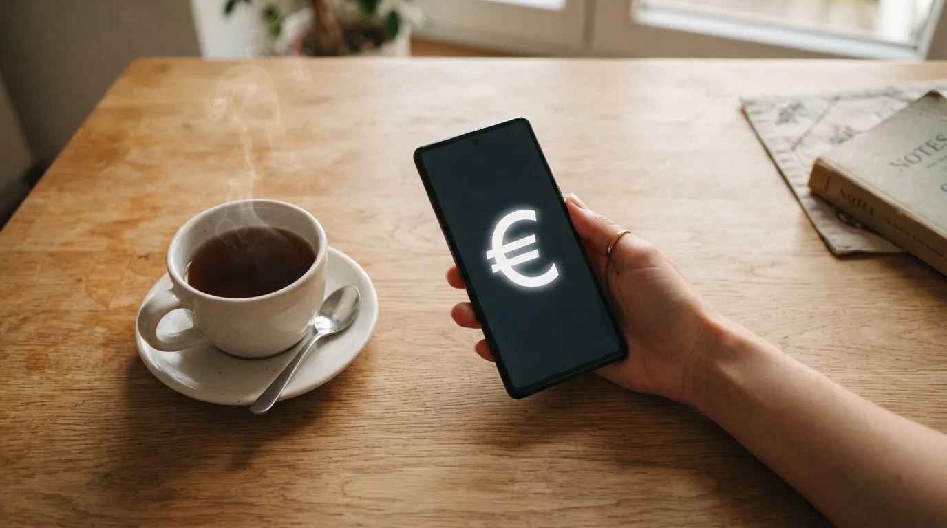 Ruka drži mobitel pokraj šalice čaja na kuhinjskom stolu u mirnu večer — cro casino u hrvatskoj