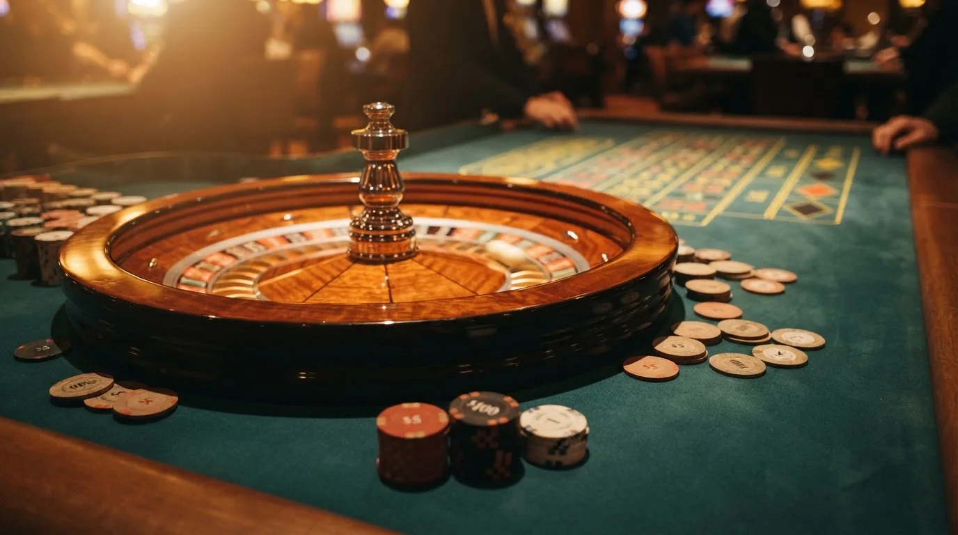 Kotač ruleta i žetoni na zelenom suknu pod toplim večernjim svjetlom — ethereum casino u hrvatskoj