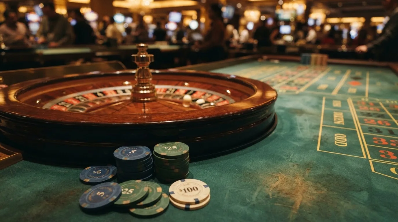 Kotač ruleta i žetoni na zelenom suknu pod toplim večernjim svjetlom — igrati blackjack u hrvatskoj
