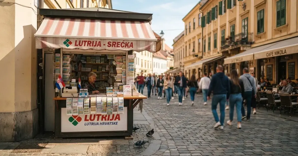 Ulica u centru Zagreba s kioskom za lutrijske listiće i prolaznicima, snimljeno danju.