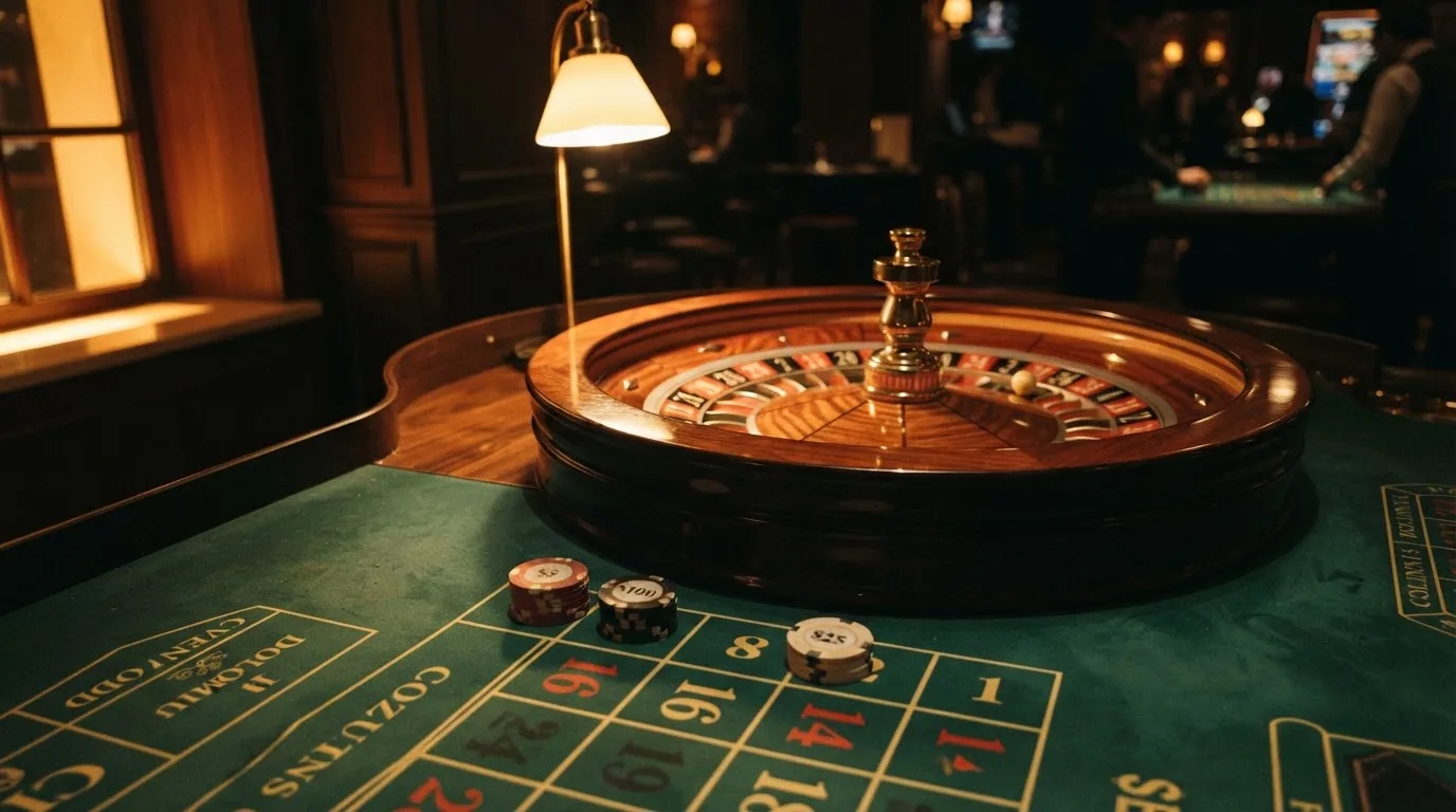 Kotač ruleta i žetoni na zelenom suknu pod toplim večernjim svjetlom — kombinacije za rulet