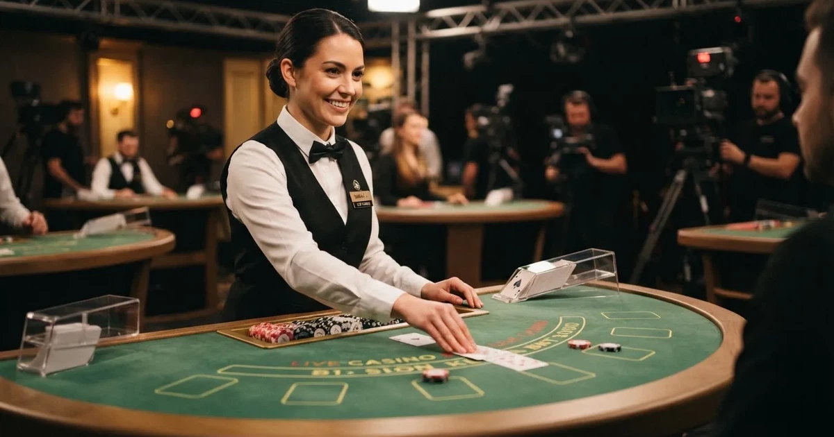 Krupije u elegantnoj uniformi dijeli karte za stolom blackjacka u studiju, snimljeno s boka pod toplim reflektorima.
