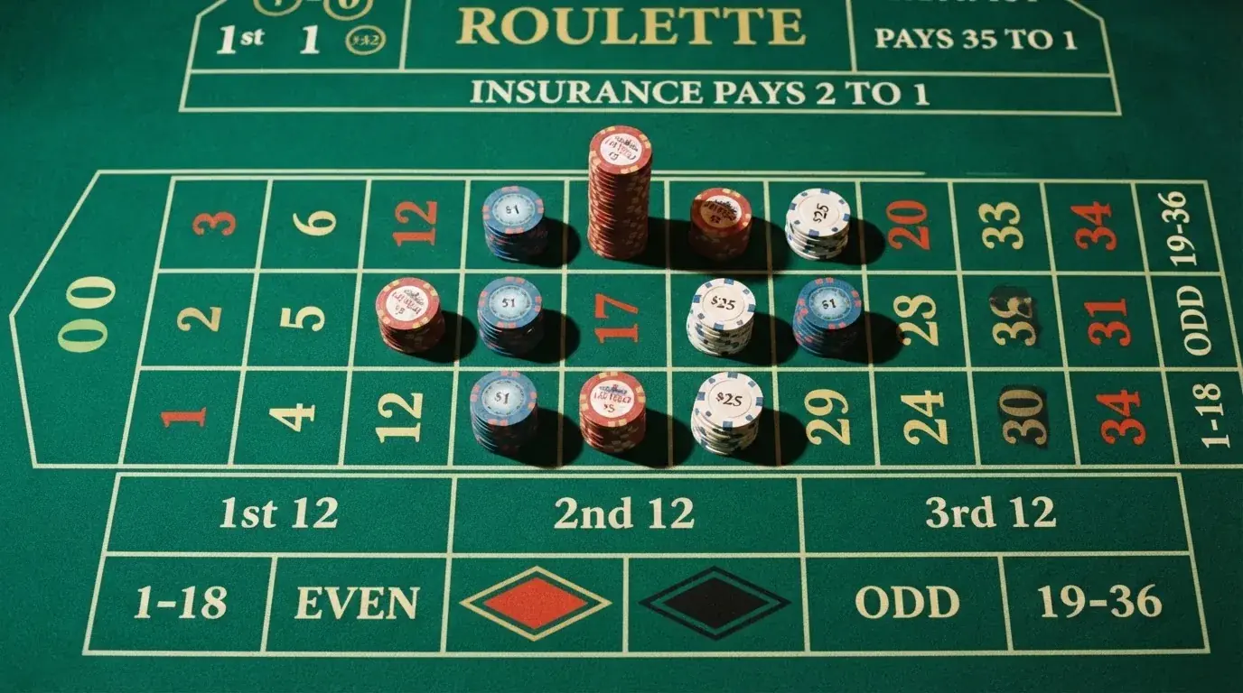 Pogled odozgo na zeleno sukno ruleta sa žetonima različitih boja složenim u male stupce, pod toplim svjetlom.
